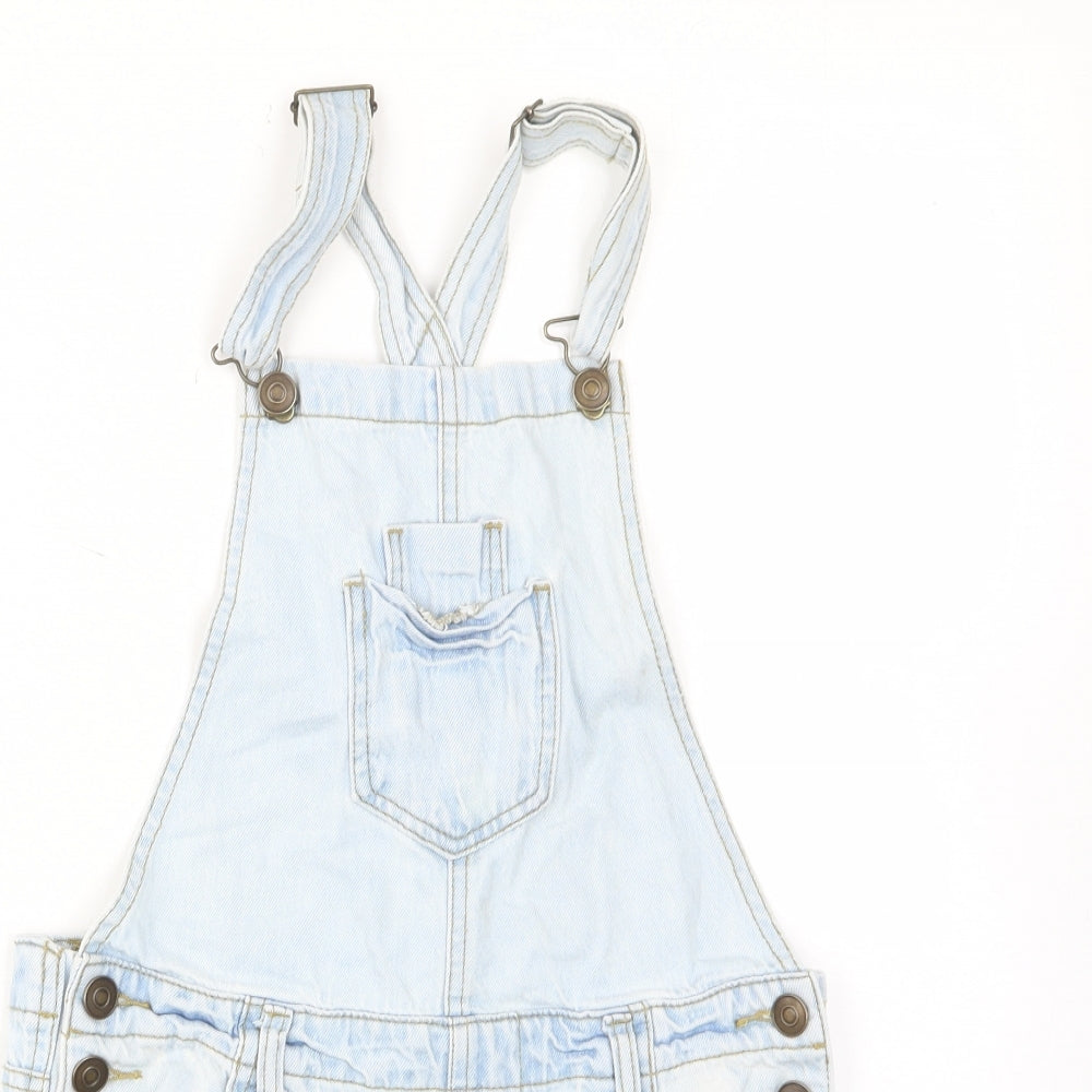 Close-up detail of Denim & Co. girls’ blue cotton dungaree one-piece, size 10-11, years button - pockets, belt loops
