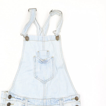 Close-up detail of Denim & Co. girls’ blue cotton dungaree one-piece, size 10-11, years button - pockets, belt loops