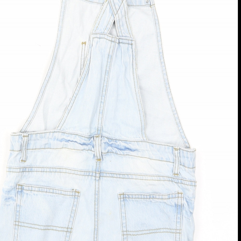 Brand and care label for Denim & Co. girls’ blue cotton dungaree one-piece, size 10-11, years button - pockets, belt loops