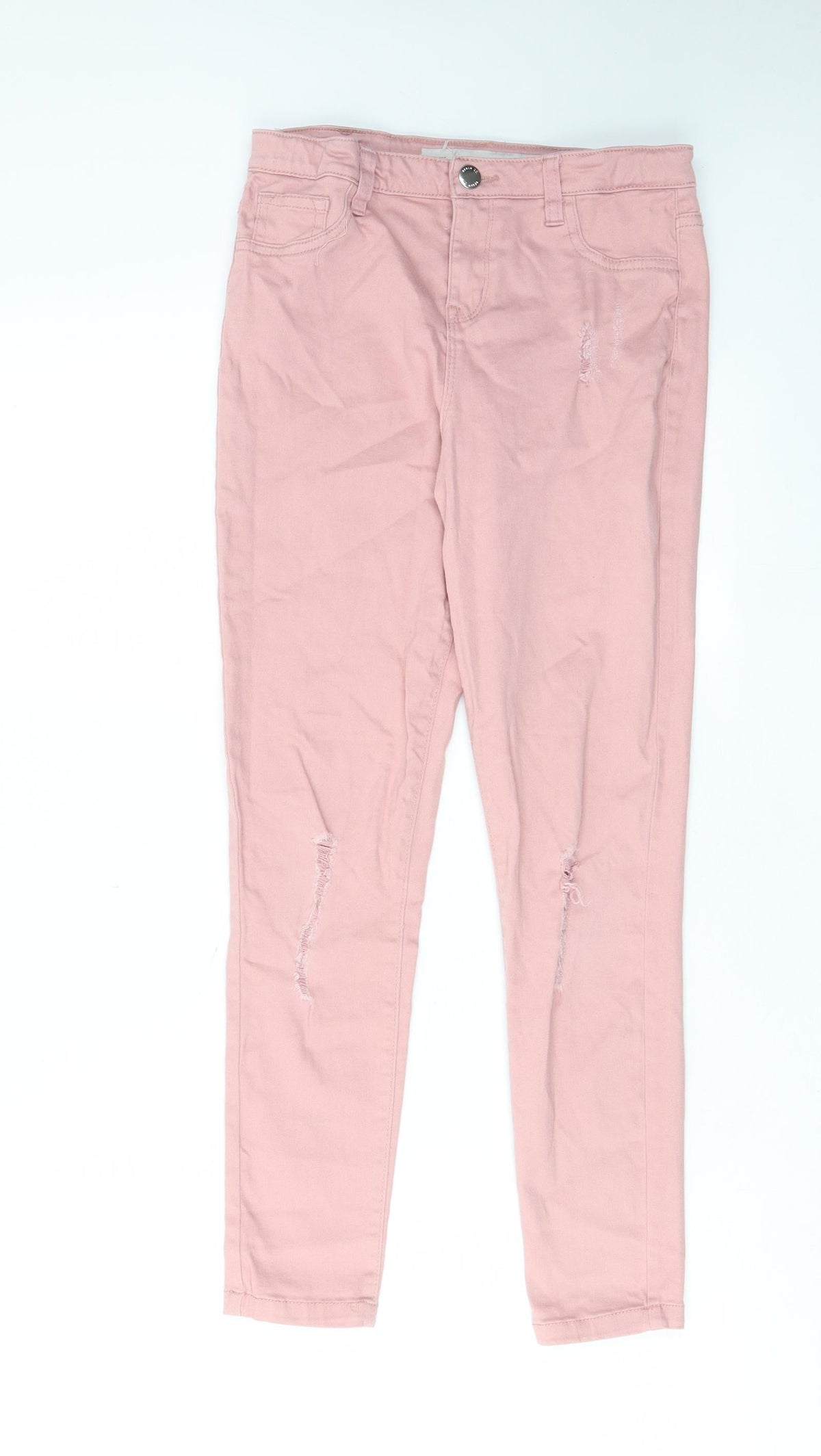 Additional front view of Denim & Co. girls’ pink cotton skinny jeans, years regular zip - distressed, pockets, belt loops