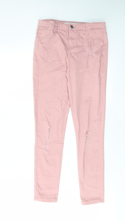 Additional front view of Denim & Co. girls’ pink cotton skinny jeans, years regular zip - distressed, pockets, belt loops