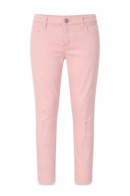 Front view of Denim & Co. girls’ pink cotton skinny jeans, size 10-11, years regular zip - distressed, pockets, belt loops