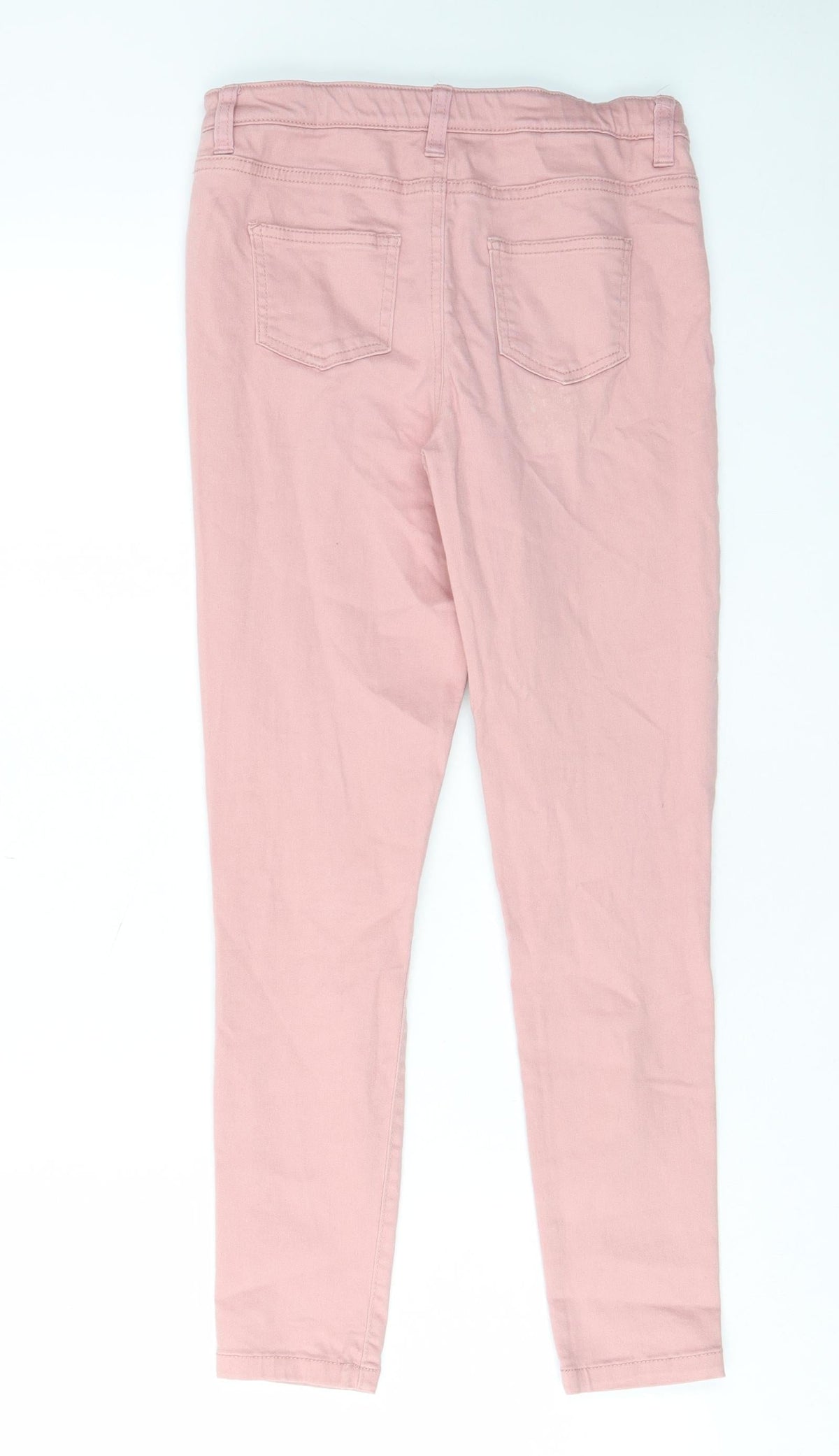 Back view of Denim & Co. girls’ pink cotton skinny jeans, size 10-11, years regular zip - distressed, pockets, belt loops