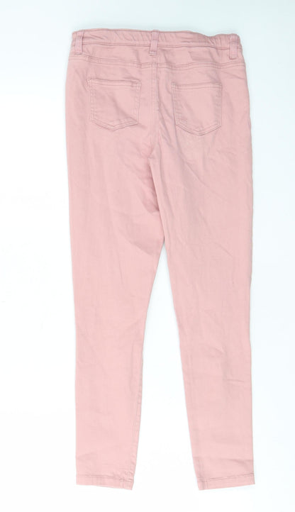 Back view of Denim & Co. girls’ pink cotton skinny jeans, size 10-11, years regular zip - distressed, pockets, belt loops