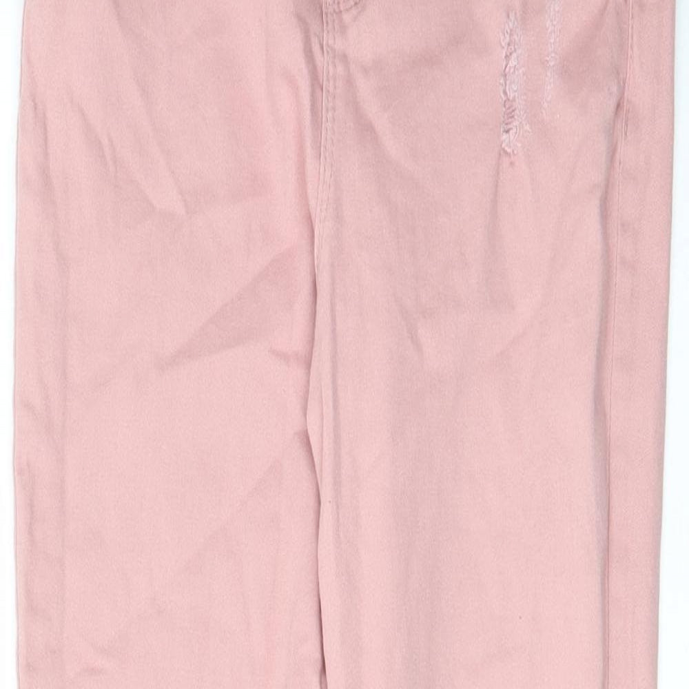 Close-up detail of Denim & Co. girls’ pink cotton skinny jeans, years regular zip - distressed, pockets, belt loops