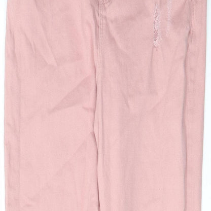 Close-up detail of Denim & Co. girls’ pink cotton skinny jeans, years regular zip - distressed, pockets, belt loops