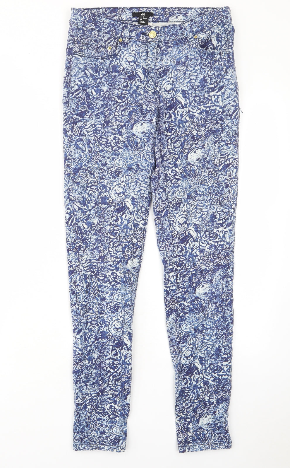 H&M Womens Blue Fair Isle Cotton Skinny Jeans Size 8 L29 in Regular Zip - Pockets, Belt Loops