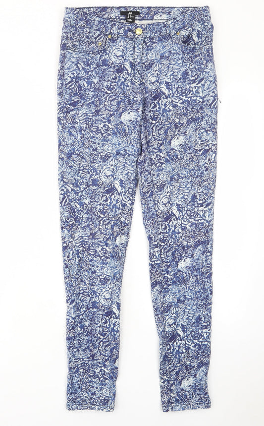 H&M Womens Blue Fair Isle Cotton Skinny Jeans Size 8 L29 in Regular Zip - Pockets, Belt Loops