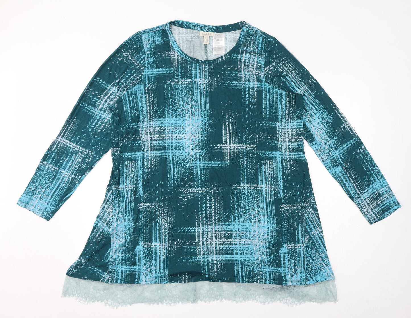 Logo Womens Blue Geometric Viscose Jersey T-Shirt Size 3XL Round Neck - Lace
