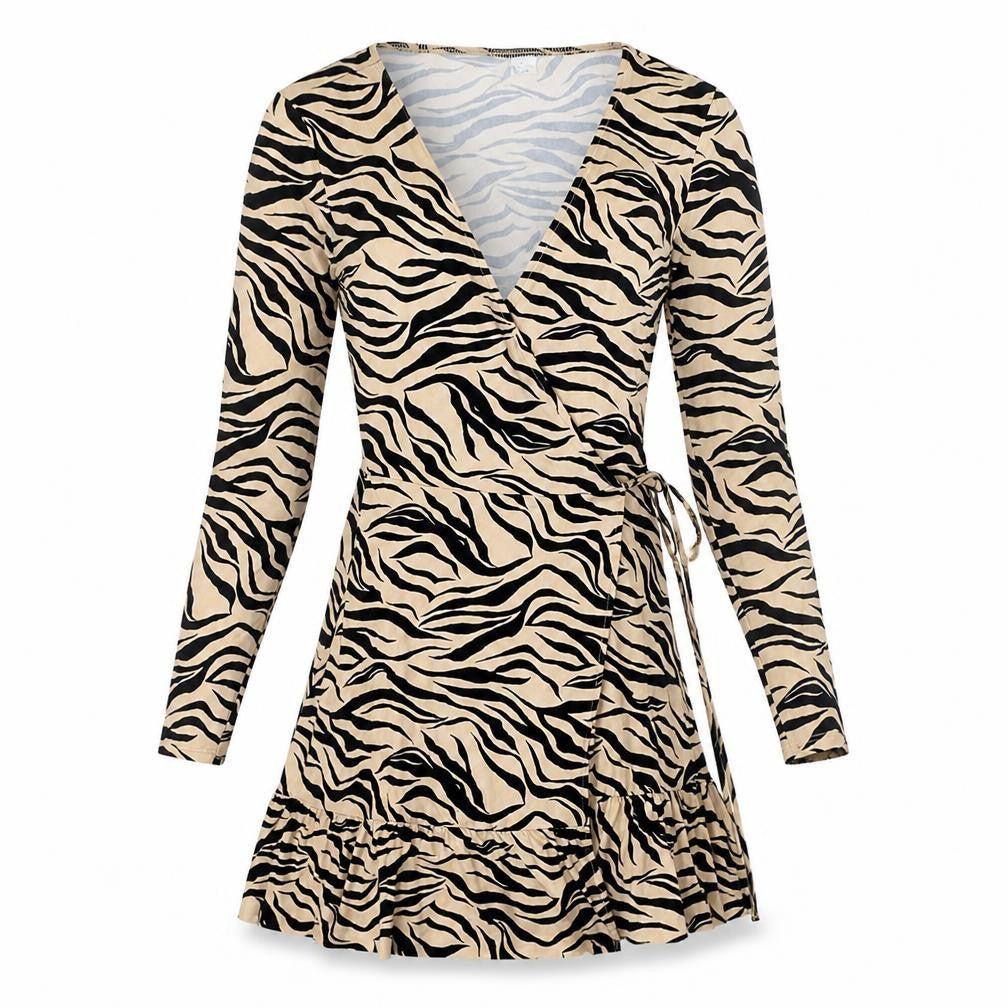 Divided by H&M Womens Brown Animal Print Polyester A-Line Size XS V-Neck Tie
