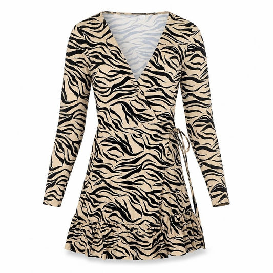 Divided by H&M Womens Brown Animal Print Polyester A-Line Size XS V-Neck Tie