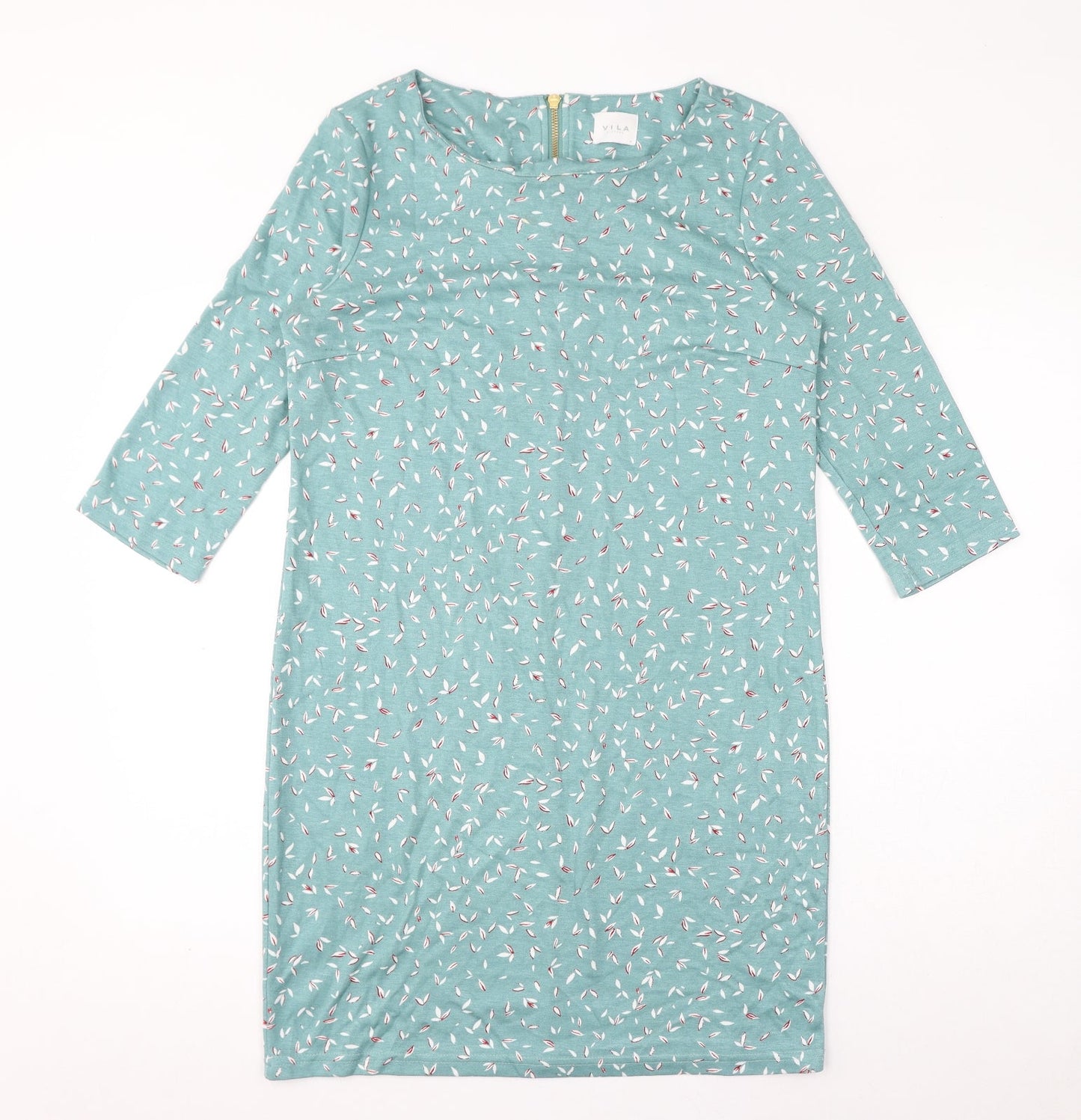 VILA Womens Blue Geometric Polyester T-Shirt Dress Size M Round Neck Pullover - Leaves