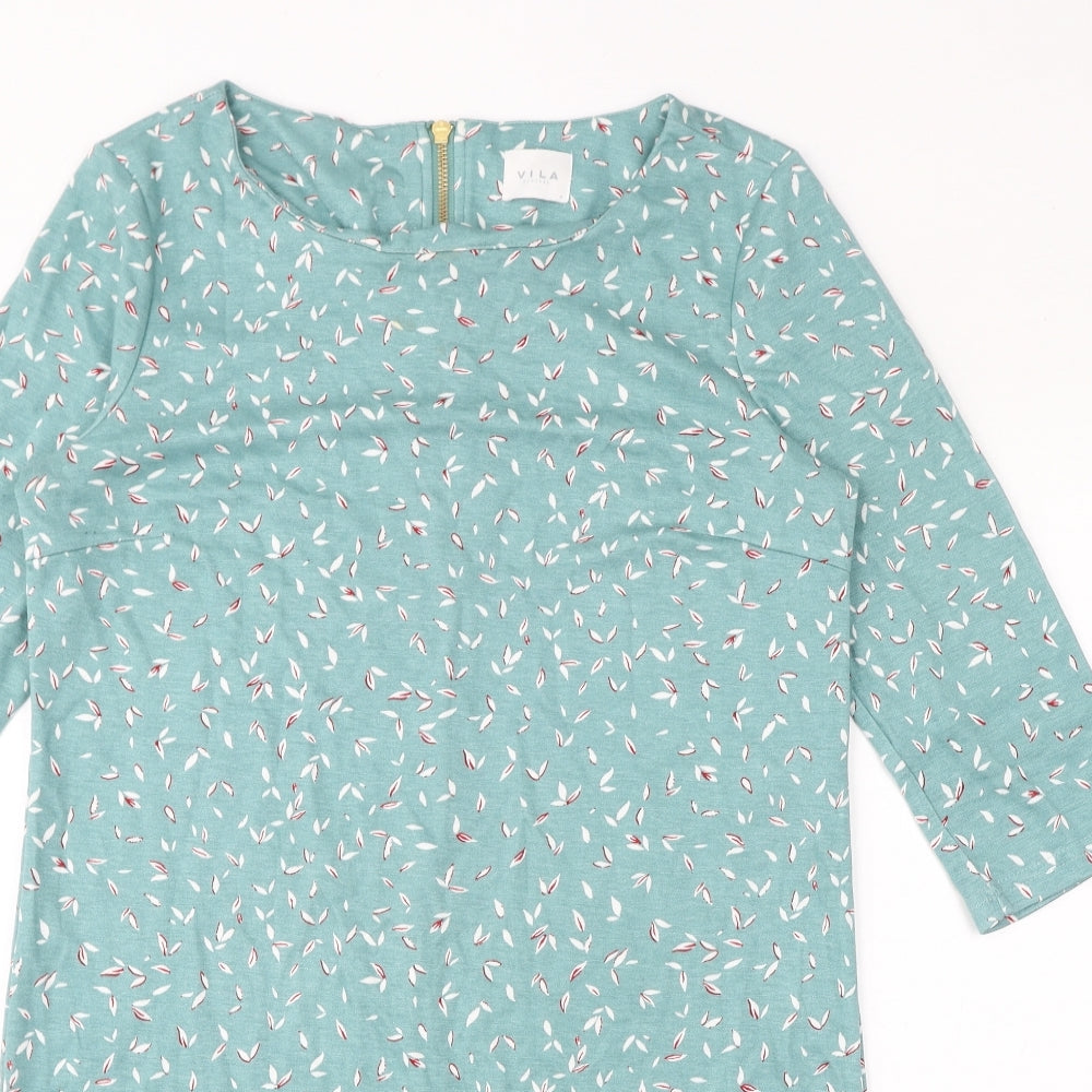 VILA Womens Blue Geometric Polyester T-Shirt Dress Size M Round Neck Pullover - Leaves