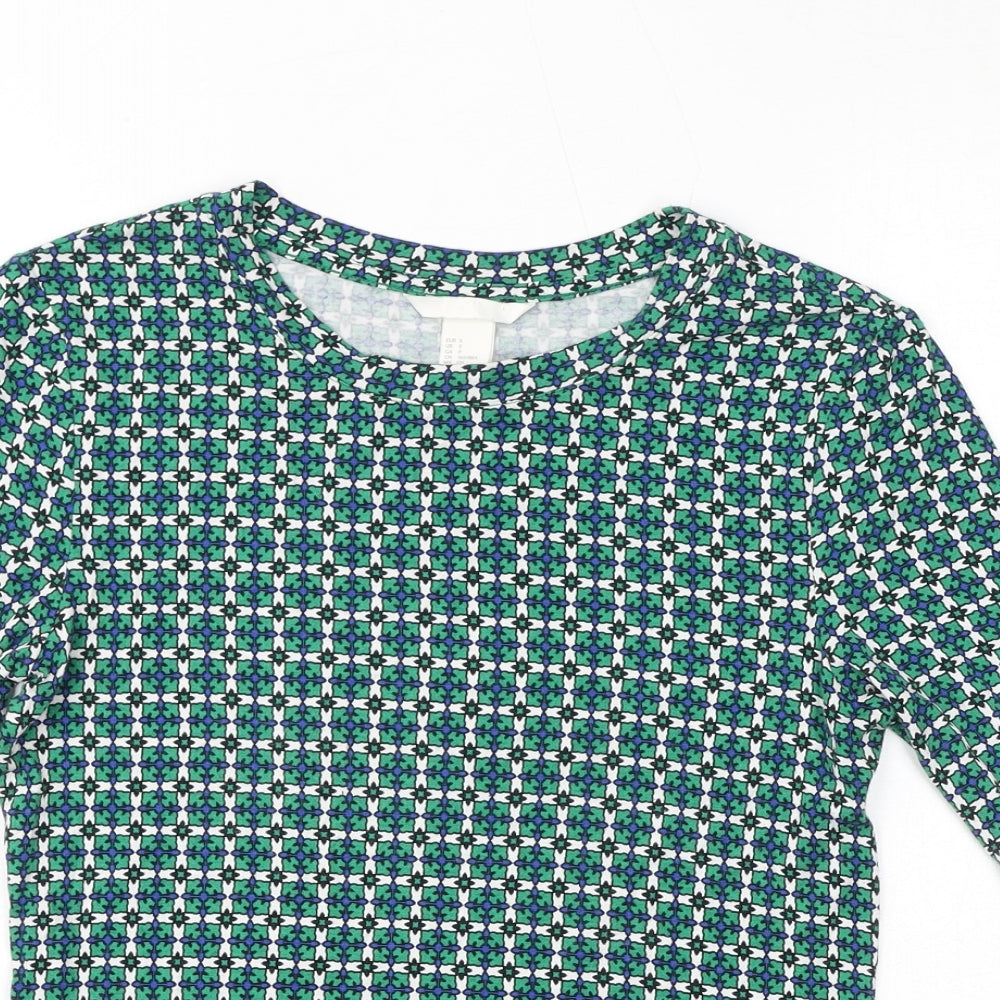 H&M Womens Green Geometric Viscose Basic T-Shirt Size S Round Neck
