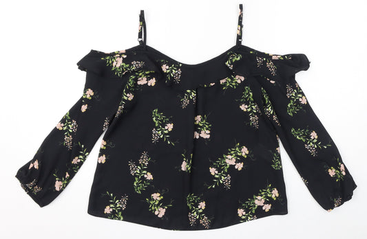 Dorothy Perkins Womens Black Floral Polyester Basic Blouse Size 8 Square Neck - Sheer