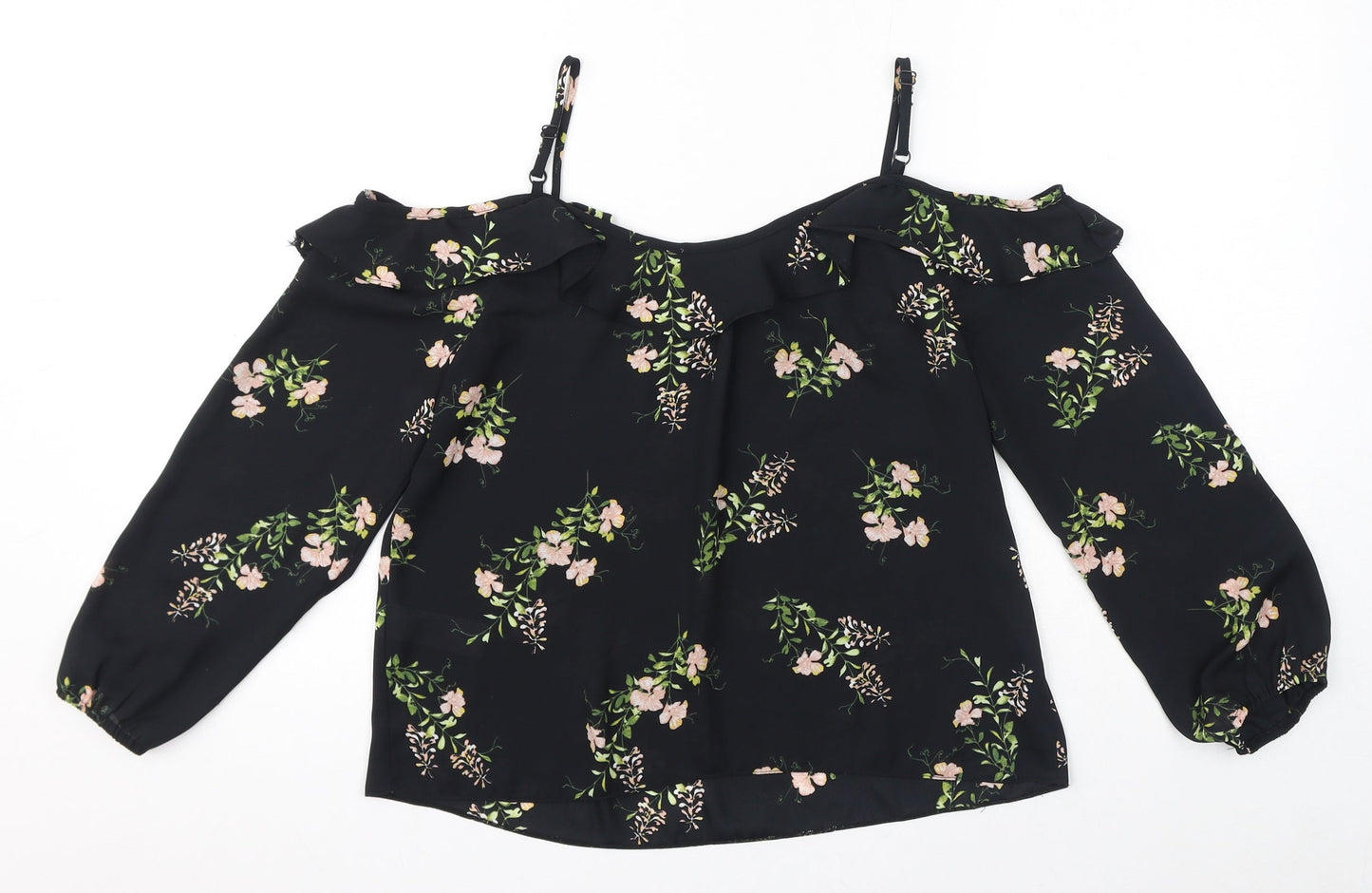 Dorothy Perkins Womens Black Floral Polyester Basic Blouse Size 8 Square Neck - Sheer
