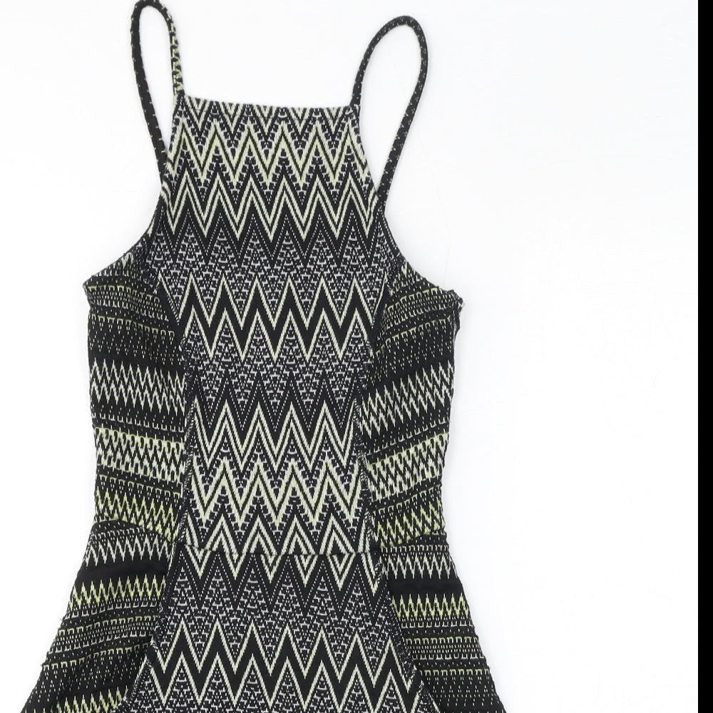 Topshop Womens Black Geometric Polyester Fit & Flare Size 4 Square Neck Pullover - Zigzag