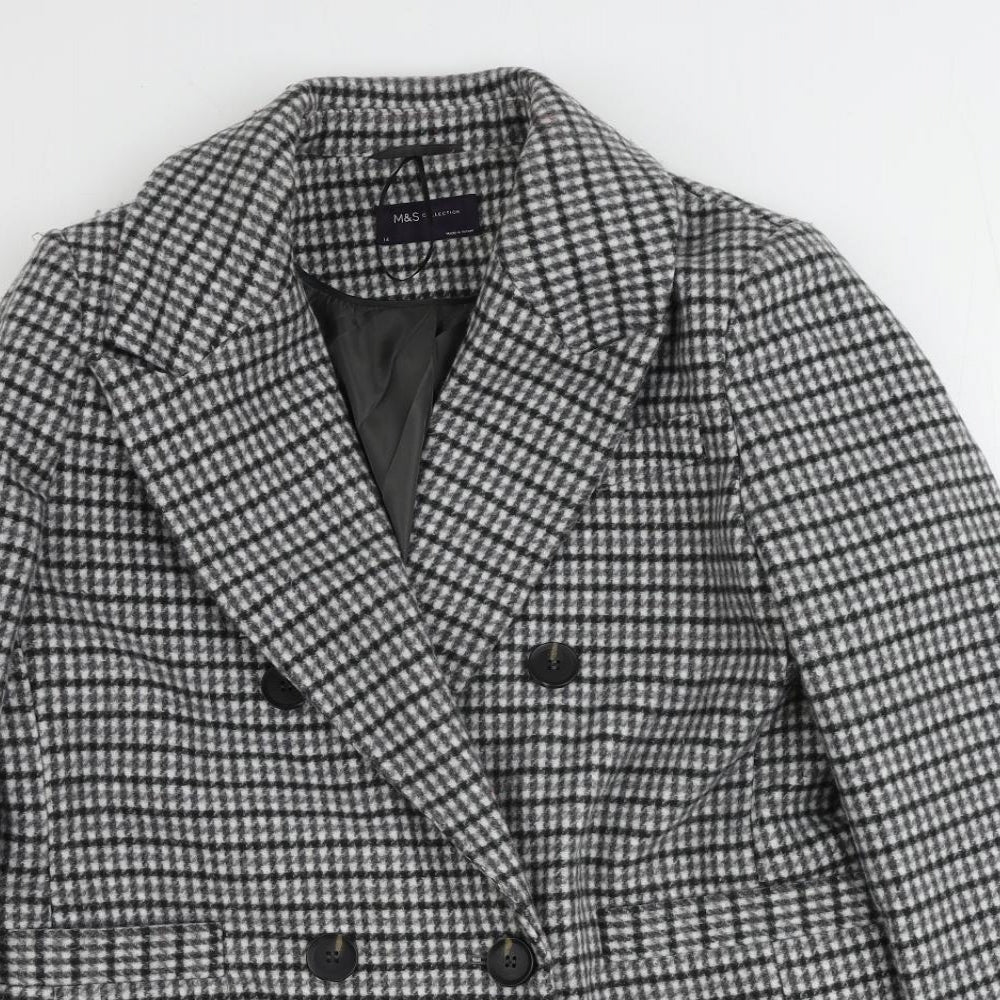 Marks and Spencer Womens Grey Check Overcoat Coat Size 14 Button