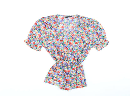 Marks & Spencer Womens Multicoloured Floral Polyester Basic Blouse Size 8 V-Neck - Belted