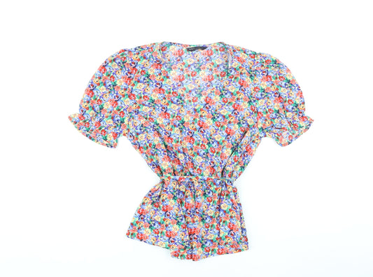 Marks and Spencer Womens Multicoloured Floral Polyester Basic Blouse Size 8 V-Neck - Belted