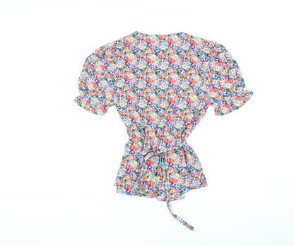 Marks & Spencer Womens Multicoloured Floral Polyester Basic Blouse Size 8 V-Neck - Belted