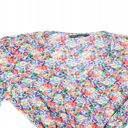 Marks & Spencer Womens Multicoloured Floral Polyester Basic Blouse Size 8 V-Neck - Belted