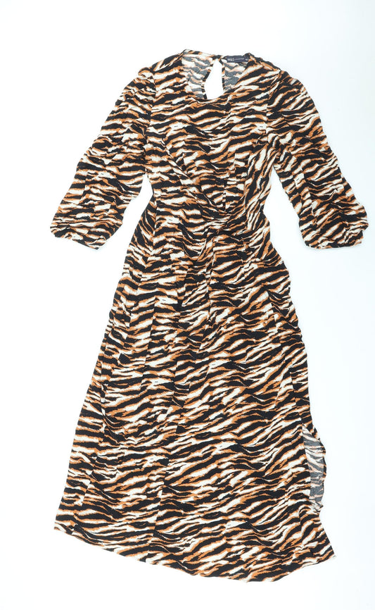 Marks and Spencer Womens Black Animal Print Viscose Maxi Size 6 Round Neck Zip - Tiger Print, Side Slit