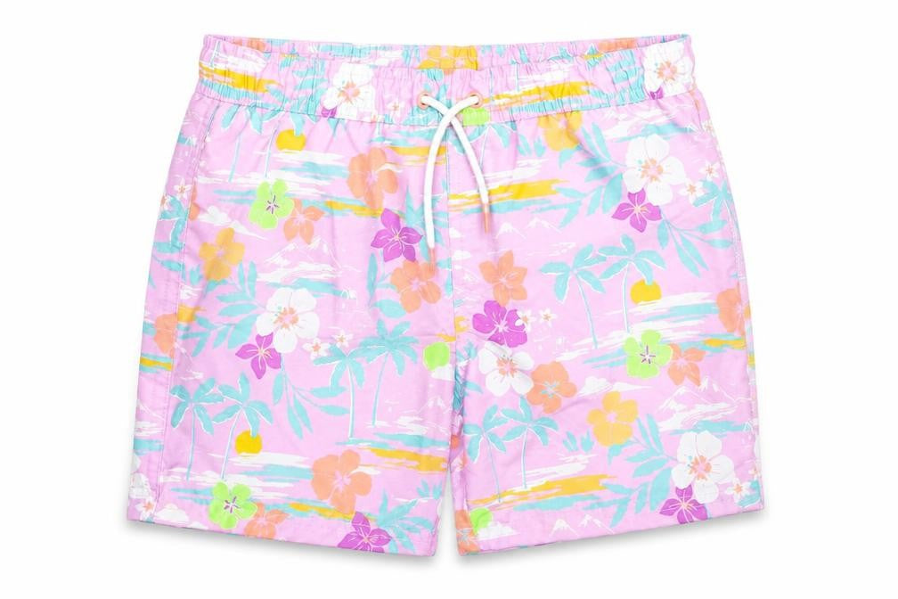 Marks & Spencer Boys Purple Floral Polyester Sweat Shorts Size 7-8 Years Regular Drawstring - Swim Shorts