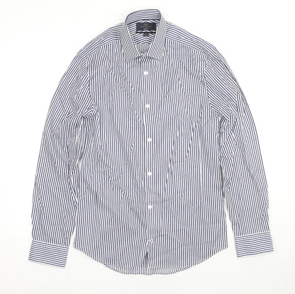 Marks & Spencer Mens Blue Striped Cotton Button-Up Size 14.5 Collared Button - Collar 14.5''