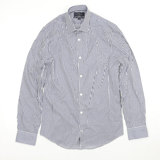 Marks and Spencer Mens Blue Striped Cotton Button-Up Size 14.5 Collared Button - Collar 14.5''
