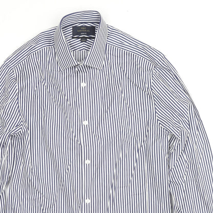 Marks & Spencer Mens Blue Striped Cotton Button-Up Size 14.5 Collared Button - Collar 14.5''