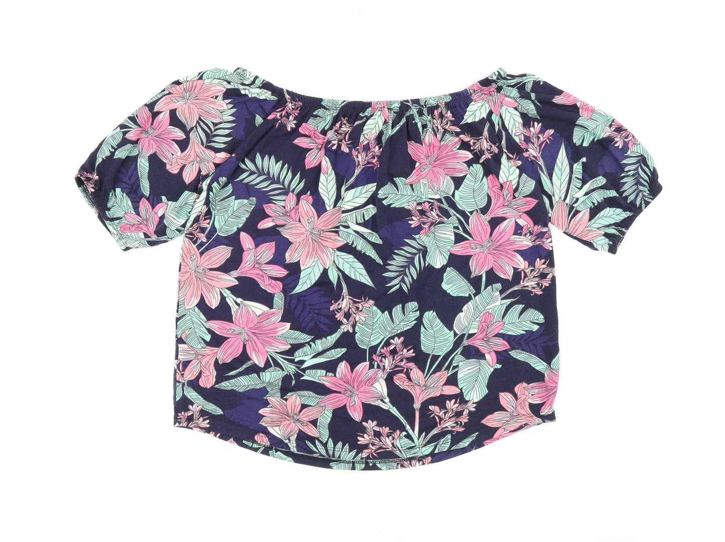 Roman Womens Blue Floral Polyester Jersey T-Shirt Size 12 Scoop Neck
