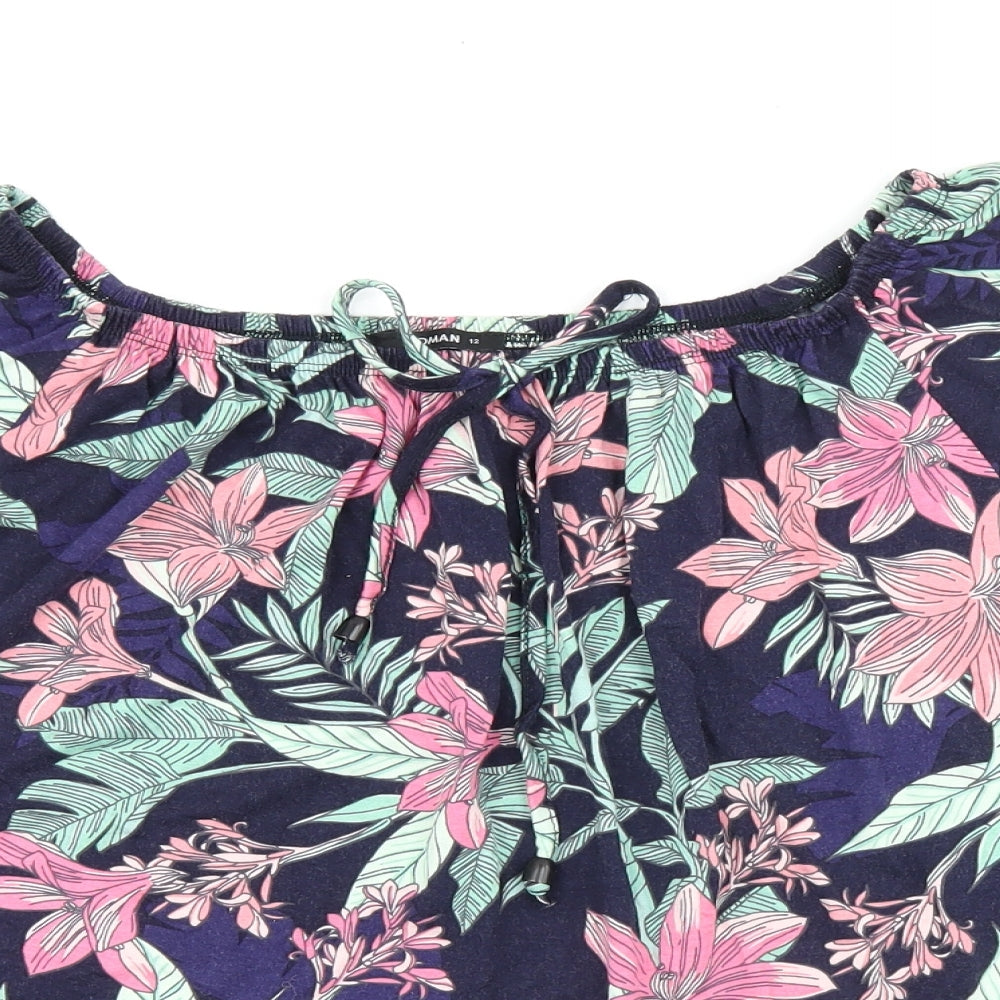 Roman Womens Blue Floral Polyester Jersey T-Shirt Size 12 Scoop Neck