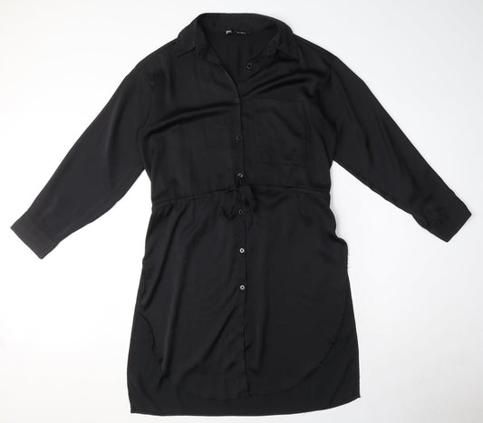 Zara Womens Black Polyester Shirt Dress Size S Collared Button - Drawstring