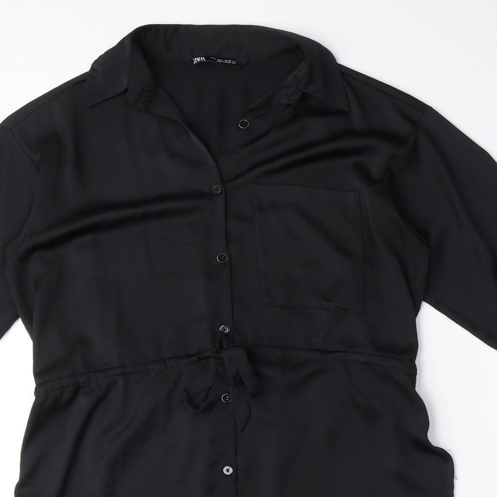 Zara Womens Black Polyester Shirt Dress Size S Collared Button - Drawstring