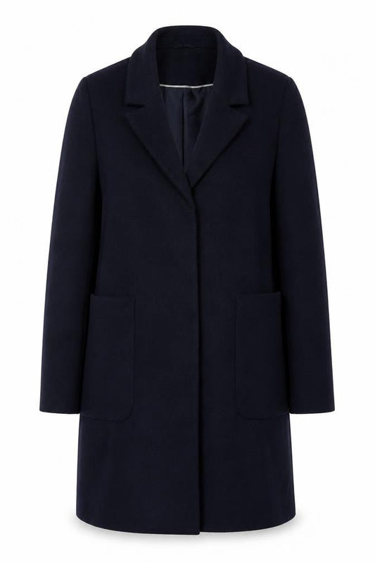 Front view of Red Herring women’s blue overcoat coat, size UK 14, snap