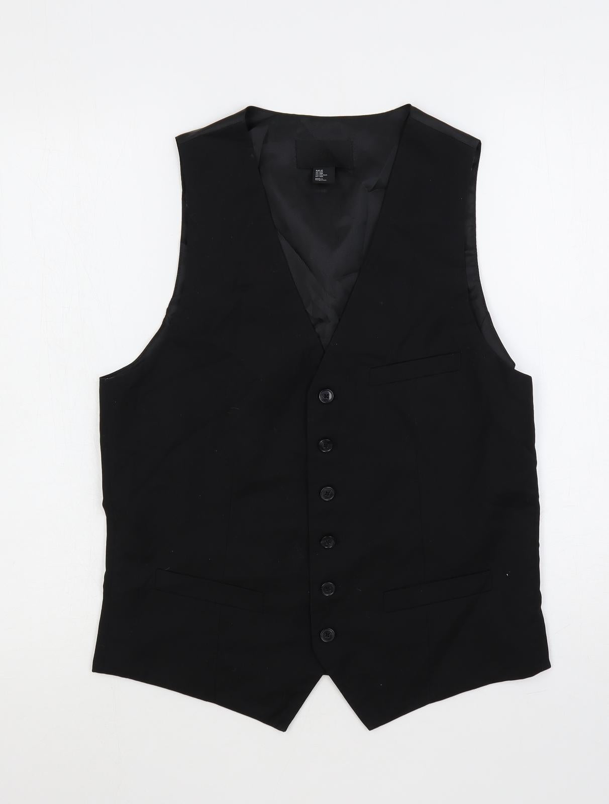 H&M Mens Black Polyester Jacket Suit Waistcoat Size 38 Regular