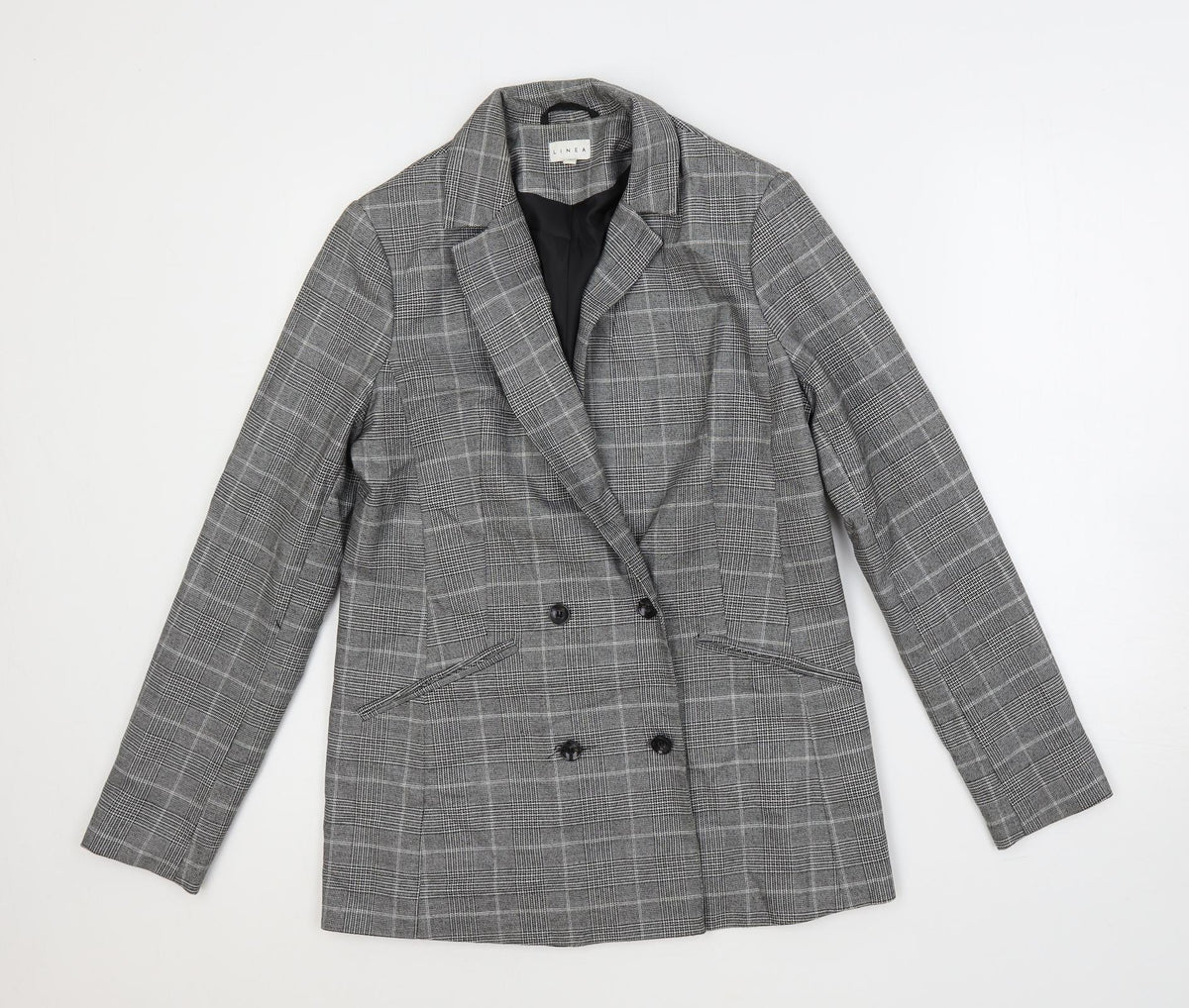 Additional front view of Linea women’s grey plaid jacket blazer, size UK 10, button