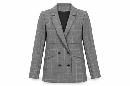 Front view of Linea women’s grey plaid jacket blazer, size UK 10, button