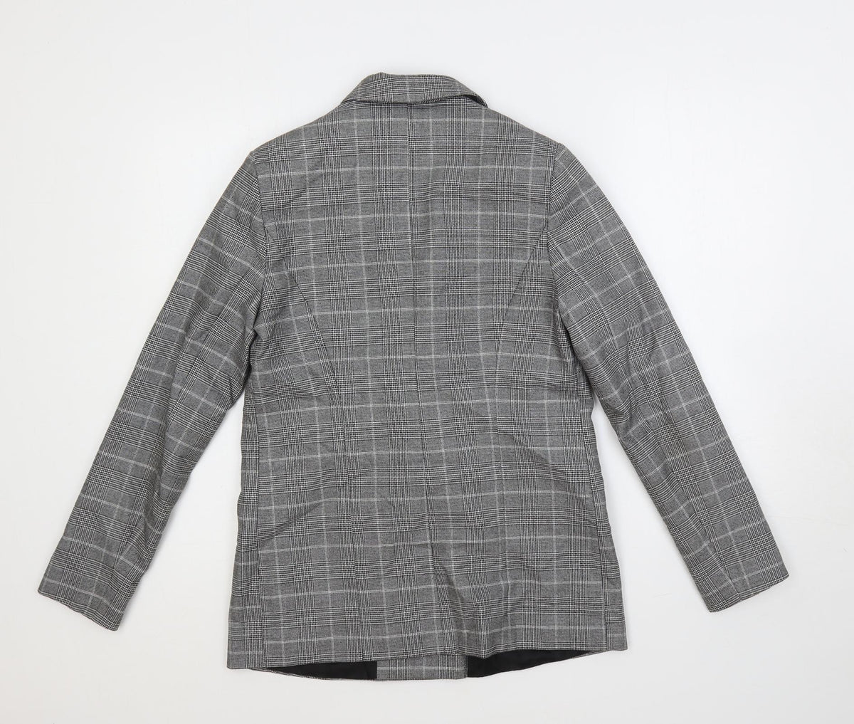 Back view of Linea women’s grey plaid jacket blazer, size UK 10, button