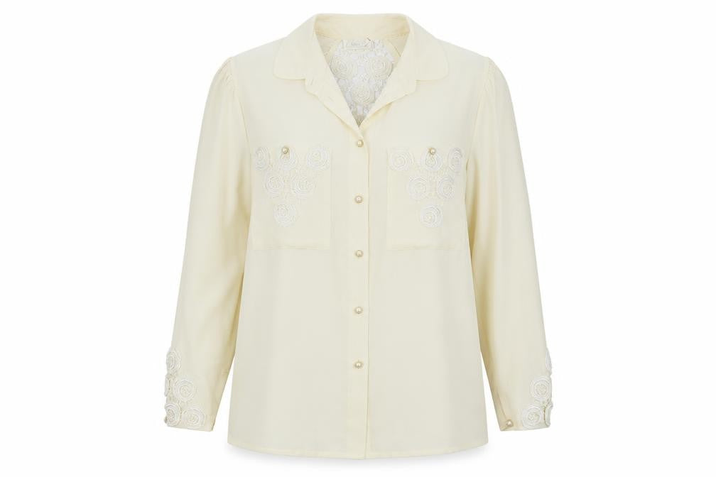 Apart Womens Ivory Polyester Basic Button-Up Size 14 Collared - Crocheted Lace Detail