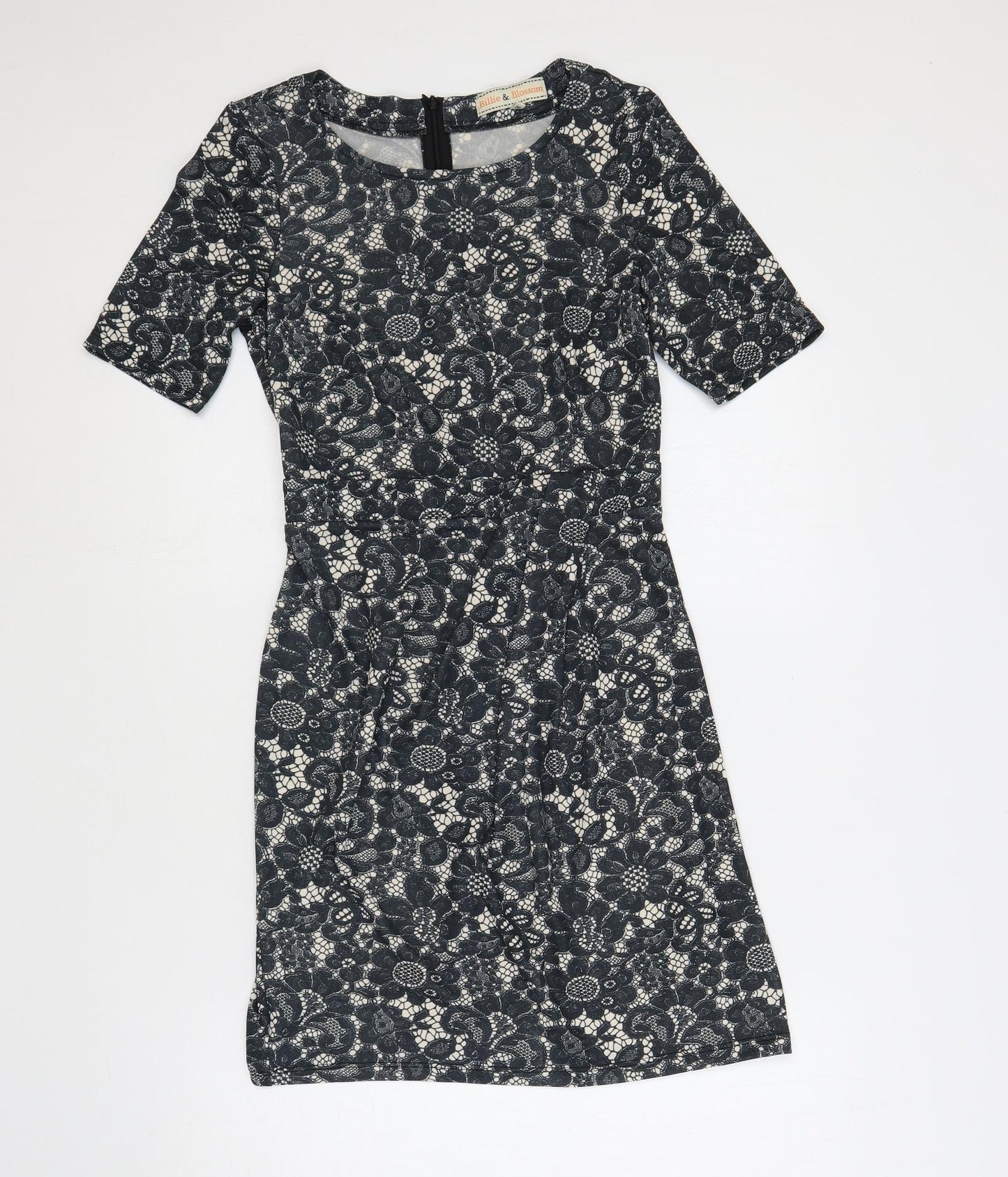 Billie & Blossom Womens Blue Floral Polyester Pencil Dress Size 8 Boat Neck Zip