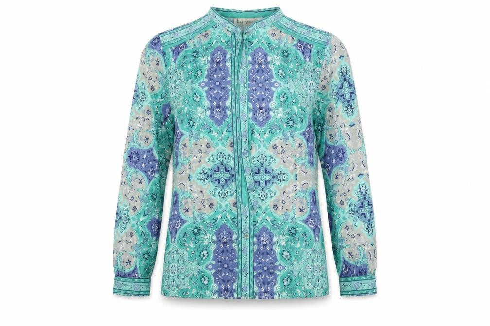 Kai Ming Womens Green Paisley Polyester Basic Button-Up Size 12 Mock Neck