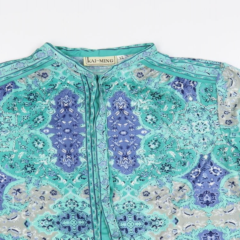 Kai Ming Womens Green Paisley Polyester Basic Button-Up Size 12 Mock Neck
