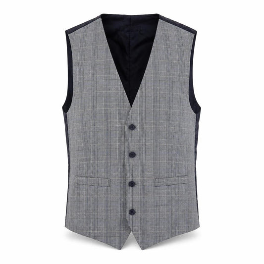 Front view of French Connection men’s blue plaid polyester jacket suit waistcoat, size 40, regular