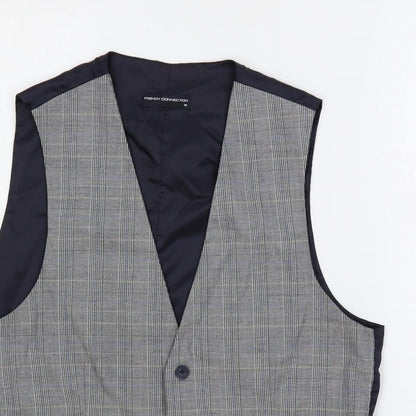 Close-up detail of French Connection men’s blue plaid polyester jacket suit waistcoat, size 40, regular