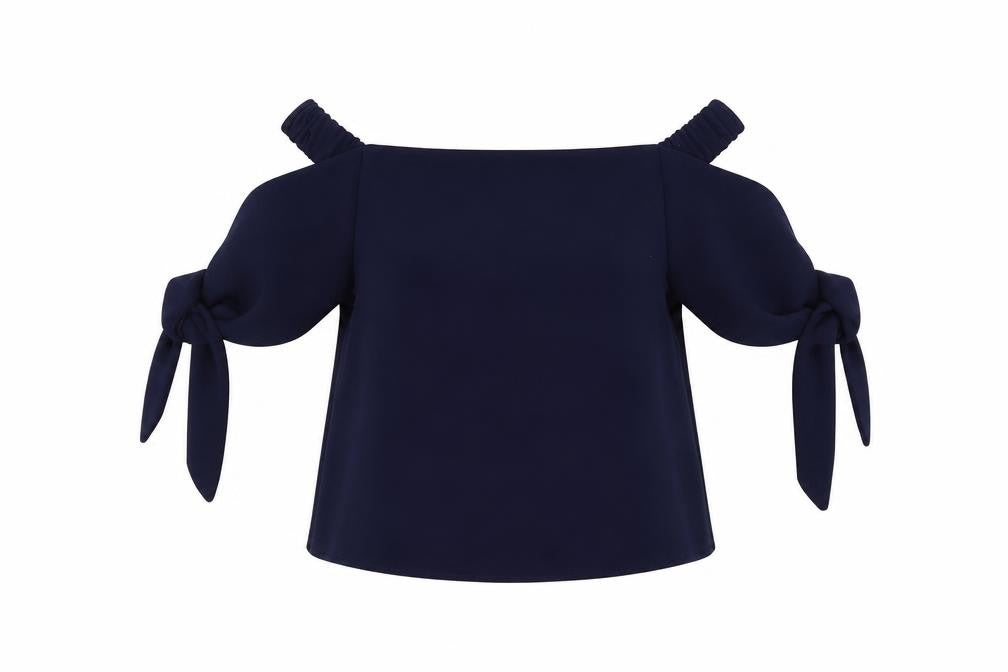 Topshop Womens Blue Polyester Cropped Blouse Size 8 Off the Shoulder - Tie Sleeve Detail