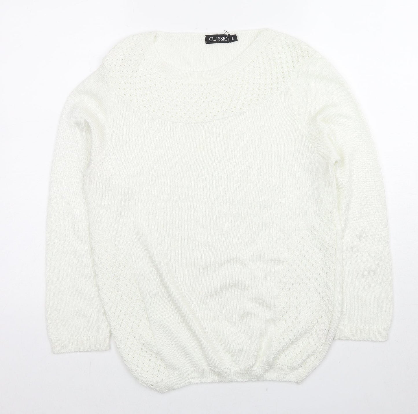Classics Womens White Round Neck Acrylic Pullover Jumper Size S