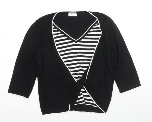 Kaliko Womens Black V-Neck Striped Viscose Pullover Jumper Size 16 - Knot Detail