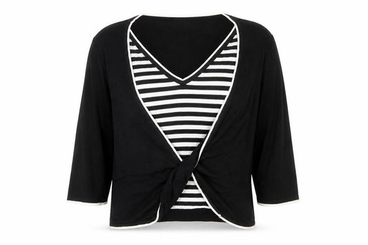 Kaliko Womens Black V-Neck Striped Viscose Pullover Jumper Size 16 - Knot Detail